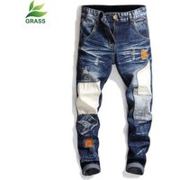 2019 New Design Custom Logo Blue Personality Ripped Skinny Rockstar men's Jeans