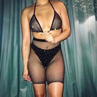 Fishnet Rhinestone Bikini Top Shorts Set