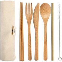 Tablewares Amazon Top Seller Eco friendly Bamboo 7 Pieces Knife Fork Spoon Chopsticks Straw Brush Cutlery Travel Set Cloth Bag