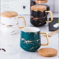 Japanese Style Marble Porcelain Coffee Mug with Gold Line & Bamboo Lid