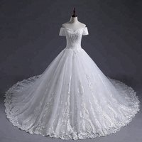 Luxury White Off-Shoulder Wedding Dress with Long Train and 3D Lace Flowers