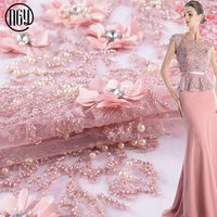 Hot sale Designer poly fancy embroidered pink beaded tulle fabric