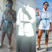 Women Solid Colour Crop tunic tops Short reflective Style jumpsuit Two Piece Set clubwear