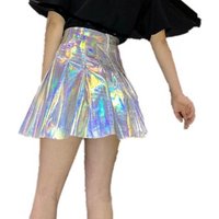 Silver Women High Waist Flare Pu Leather Pleated Skirts Sexy Club Party Mini Skirt Female Y10722