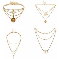 Factory Custom Gold Chain Necklace Trend Multi-layer Beaded Necklace Geometric Multi-element Coin Double Cross Pendant Necklace