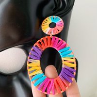 New Bohemian Dyed Color Lafite Woven Earrings for Women Hollow Alloy Segment Statement Earrings 2019 Oversized Geometric Jewelry