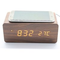 Eco-friendly Creative Multifunction 2 in 1 Wooden LED Alarm Clock QI Mobile Phone Wireless Charger
