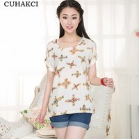 CUHAKCI Chiffon Print Blouse Sunflower Bird Design