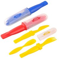 Creative new gift personal multi use camping cutlery kit fork knife spoon case travel portable plastic flatware set with sleeve