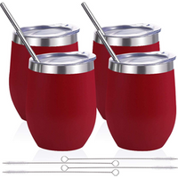 12 oz Double Wall Vacuum Insulated Stainless Steel Stemless Wine Glass Tumbler with Lids and straw