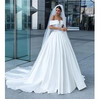 Elegant Deep V Neck Simple Real Image Long Train Wedding Dresses Ruffled Satin Bridal Gowns 2019
