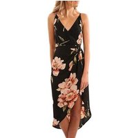 Deep V Neck Leaves Floral Print Dress