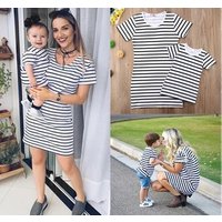 2019 summer Mother and Daughter Casual Cotton black white Striped Maxi Dress Mommy&Me Matching Set Outfits