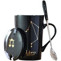 12 Constellations Ceramic Coffee Milk Mug with Spoon Lid Black and Gold Porcelain Zodiac Ceramic Cup