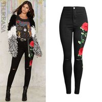 High Waist Ripped Skinny Jeggings 3D Flower Embroidery