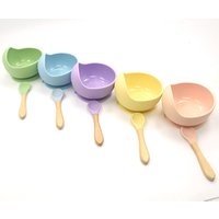 Portable Spill Proof Silicone Baby Suction Bowl Wood Spoon Set for Kid Toddler Snack