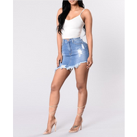Ripped Denim Mini Skirt Tassel Hem