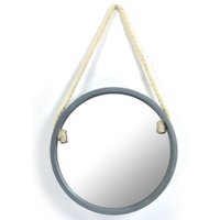 16 inch 40cm round dark grey wall mounted wood framed decorative mirror with hemp rope for bathroom or living room