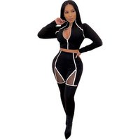 Fashion sexy crop top long sleeves pants mesh women two piece club set clothing 3496