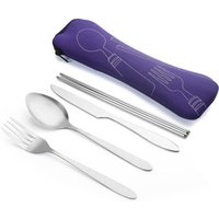 Reusable metal spoon fork knife camping stainless steel 304 silver 4 pcs travel portable flatware cutlery set with cutlery pouch