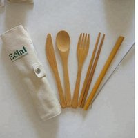 Hot Sale 2018 5pc Natural Bamboo Material Bamboo Cutlery Fork Spoon Knife Straw chopsticks set for Camping and travel lunch