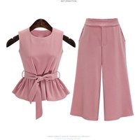 Ruffle Ribbon Blouse Elastic Waist Trousers Set
