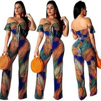 Women's Floral Print Off Shoulder Fashion Wide Leg Long Pants Jumpsuit