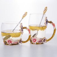 Luxury Chrysanthemum Enamel Glass Tea Milk Coffee Mug Cup For Gift With Spoon