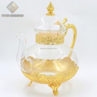 Tulip Desgin Turkish Gold Plated Metal Drinkware Glass Tea Cups Pot Set