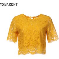 2018 Sexy Sheer Lace Crop Top Women Lace Tops High Neck Half Sleeve Ladies Blouse Mesh Shirt