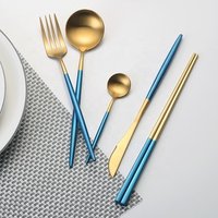 Quality Chinese Products Luxury Tableware 18/10 Hotel Matte Color Blue Handle Flatware Gold Cutlery For Spoons Forks Knives