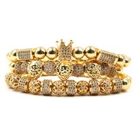 Fashion Luxury 3Pcs/Set Elastic Micro Pave CZ Zircon Crown Bracelet Real Gold Plated Copper Bead Lion Head Bracelet Set
