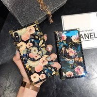 blue light color phone case Rectangle Square Flower Painting Phone Case with holder For iPhone XS Max XR X 8 7 6 6S Plus