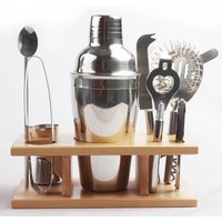 customized stainless steel bar tools 9 pcs bartender cocktail shaker set kit with wooden support for party bar home gift
