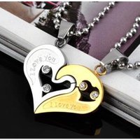 316L Stainless Steel Crystal Pendants Necklace Set Engrave I Love You Love Half Heart Shaped Couple Necklace for Lovers Couples