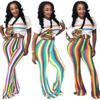 S3034 fashion contrast color striped rainbow flare pants women