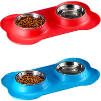 Bone Shape Non Slip Silicone Mat Two Stainless Steel Pet Bowls