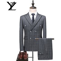 Double Breasted Plaid 3 Piece Business Suit