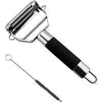 Factory Ultra Sharp Rubber sprayed Stainless Steel Dual Julienne Serrated Vegetable Peeler with Cleaning Brush