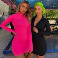 2019 Neon Color Half Zip Open Collar Long Sleeve Body Wrap Knee Length Casual Sports Dress