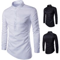 Cotton Mandarin Collar Long Sleeve Shirt Two Pockets