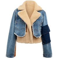 Lamb hair stitching denim short jacket female 2019 autumn and winter new long-sleeved wild fashion loose thickening