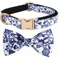 Indigo Floral Dog Bow Collar Gold Buckle