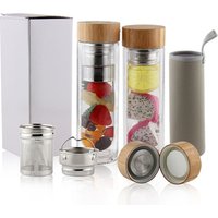 All-Beverage Tumbler 450 ml Natural Bamboo and Tempered Glass Travel Bottle Hot and Cold Tea Infuser Fruit infused tumble
