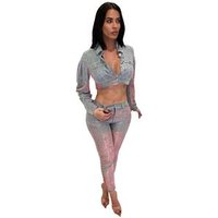 New Sexy Sequin Two Piece Set Women Glitter Crop Top Jacket And Pants 2 Pieces Sets Long Sleeve Outfits Y11270