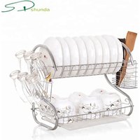 Boutique Kitchen Steel Frame 2 Tier Dish Rack and Drain Board S Shape Double Draining Tray Design Effectively Dish Drying Rack