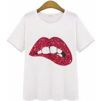 Sequin Lip Pattern Cotton Short Sleeve T Shirt