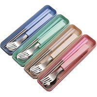 Colored Students Cutlery Set Wheat Straw Spoon Chopsticks Fork Set /Travel Camping Flatware Set