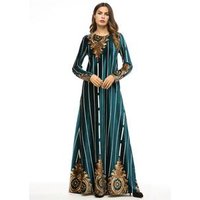 Velvet Vertical Stripe Flower Embroidered Muslim Dress