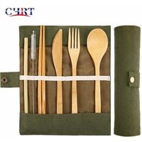 CHRT Wooden Disposable Camping Travel Utensils Flatware Sets Children Reusable Travel Bamboo Cutlery Set with Bag